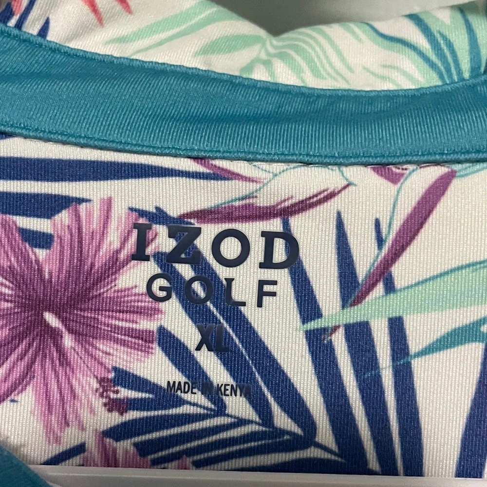 IZOD Golf Men's Tropical Floral Polo Shirt - White with Teal & Purple
